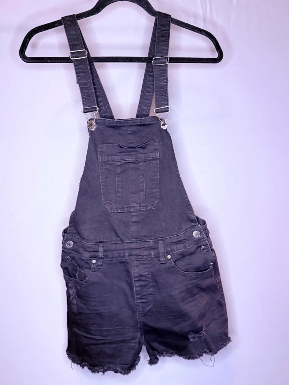 YMI Black Distressed Denim Overall Shorts Size 5/27 Adjustable Bib Shortalls